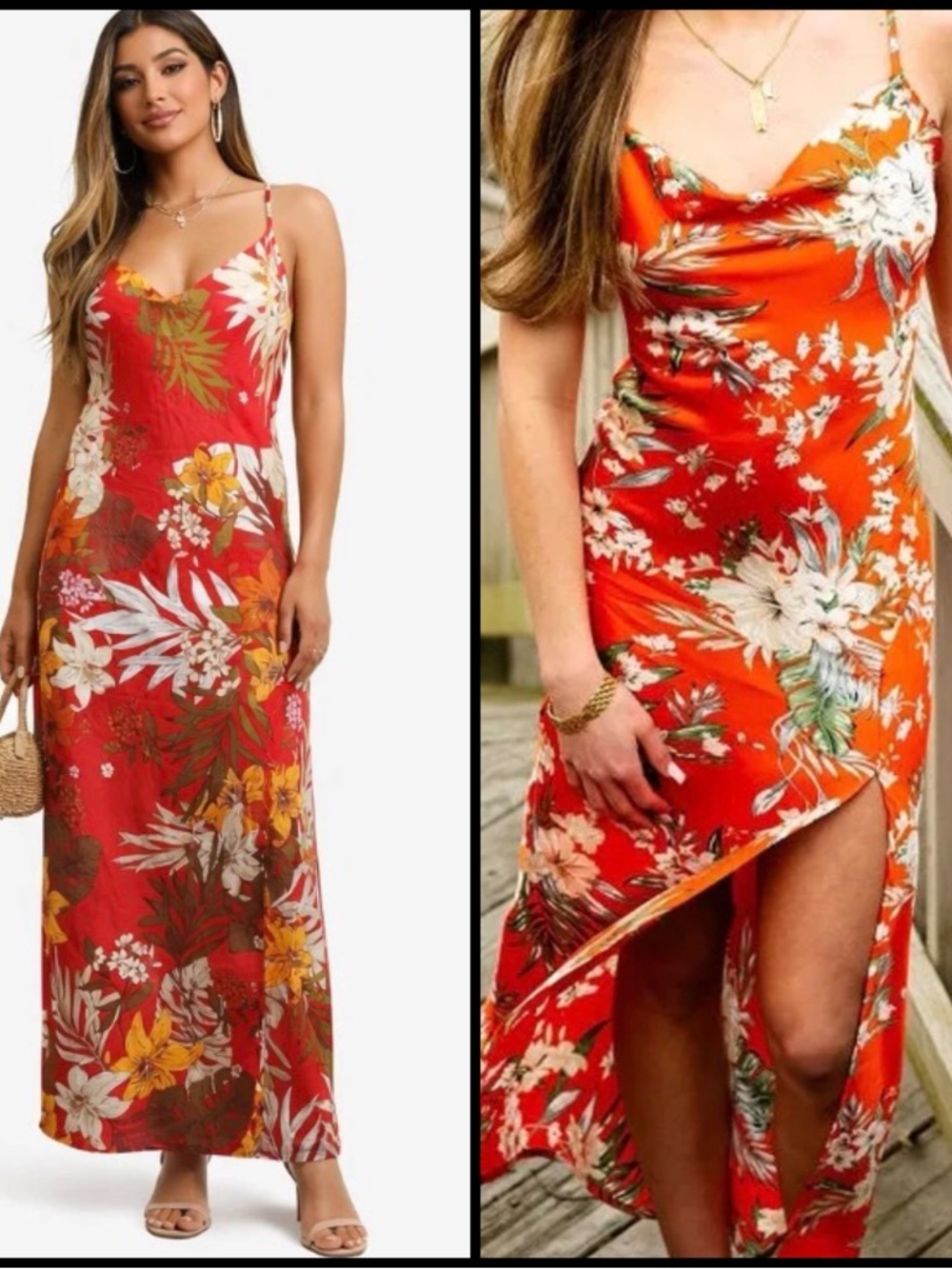 Paper Heart Cowl Neck Satin Rust  Leg Slit Coquette Floral Slip Maxi Dress L